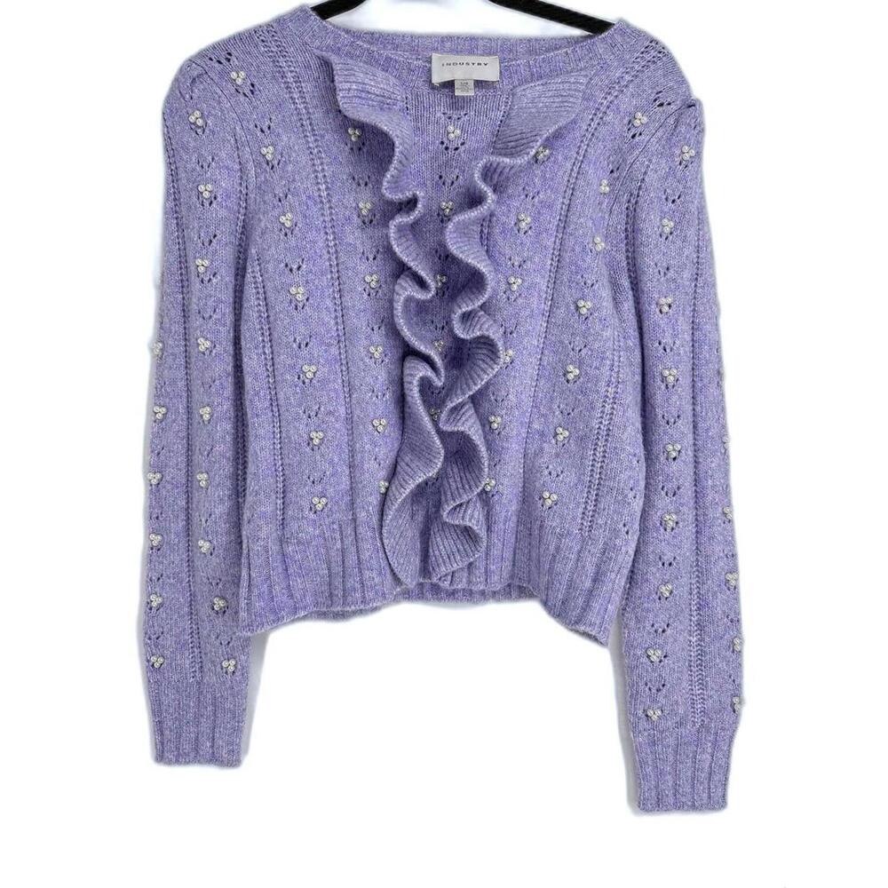 Industry, Pearl beads, Ruffle Cable Knit Sweater Size L violet Wool Blend